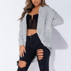 Chunky Cable Knit Shawl Collar Longline Cardigan Grey